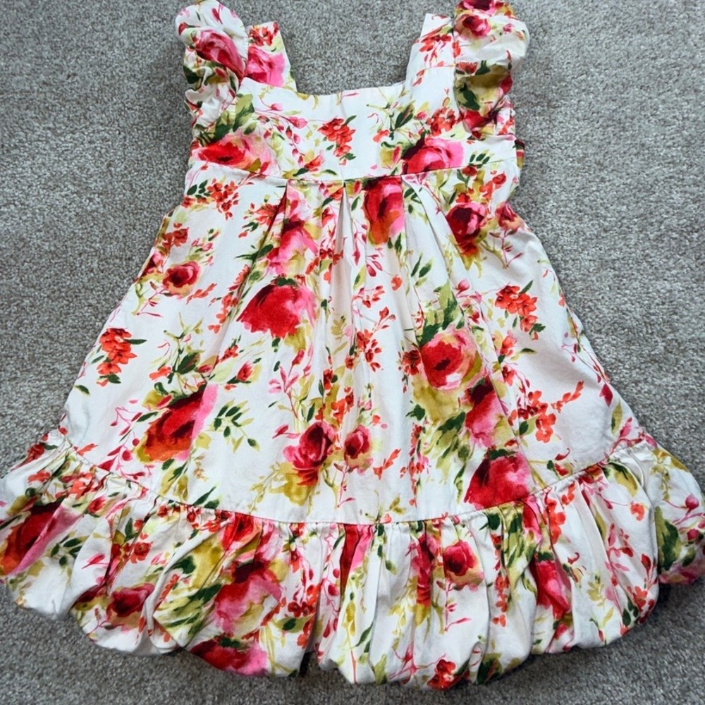Alouette Girls Floral Bubble Hem Dress 18M White Red Rose Cotton Ruffle Sleeve